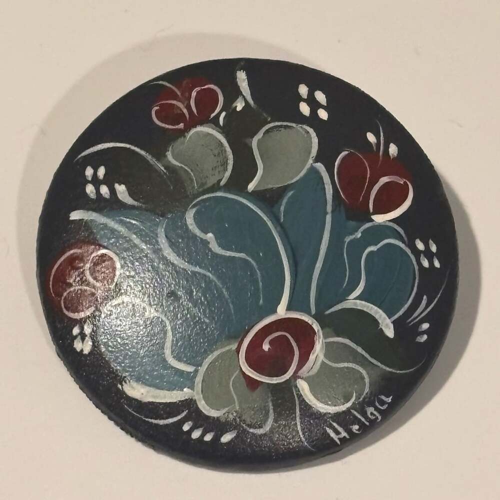 Helga Hand Painted Floral Wooden Brooch Pin Signed Folk Art